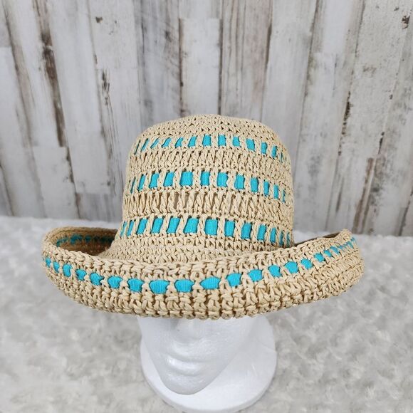 Liz Clairborne Knitted Straw Sun Hat Natural Teal - Picture 2 of 9
